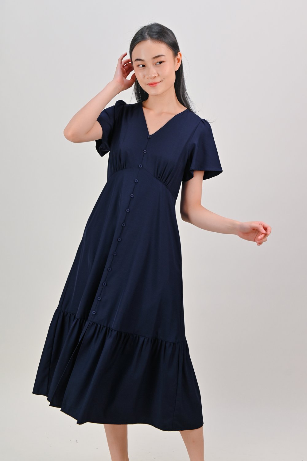 BYRNE SLEEVED BUTTON MIDI DRESS IN NAVY