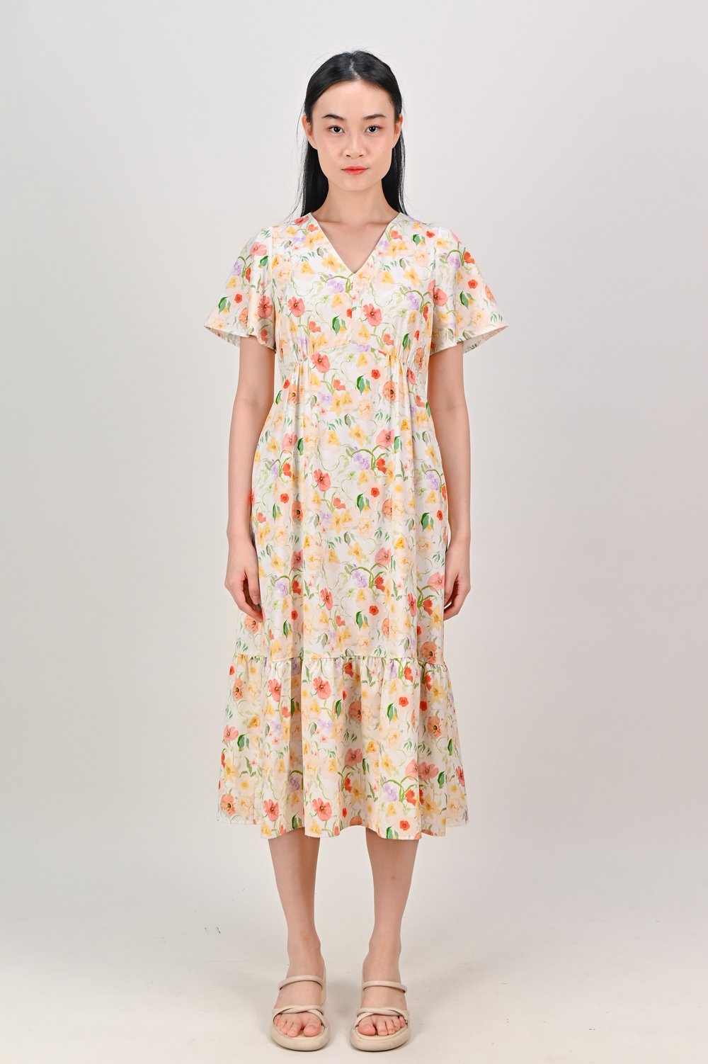 COUNTRY BLOOMS V-NECK SLEEVED MIDI DRESS COUNTRY BLOOMS V-NECK SLEEVED MIDI DRESS