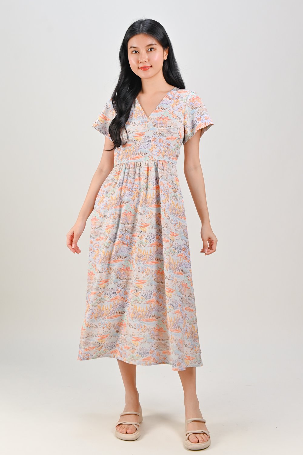 ORANGE COTTAGE V-NECK SLEEVED MIDI DRESS ORANGE COTTAGE V-NECK SLEEVED MIDI DRESS