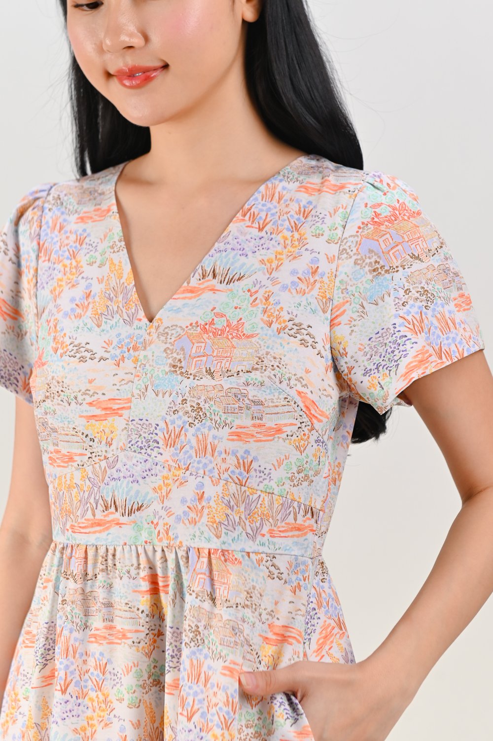 ORANGE COTTAGE V-NECK SLEEVED MIDI DRESS ORANGE COTTAGE V-NECK SLEEVED MIDI DRESS