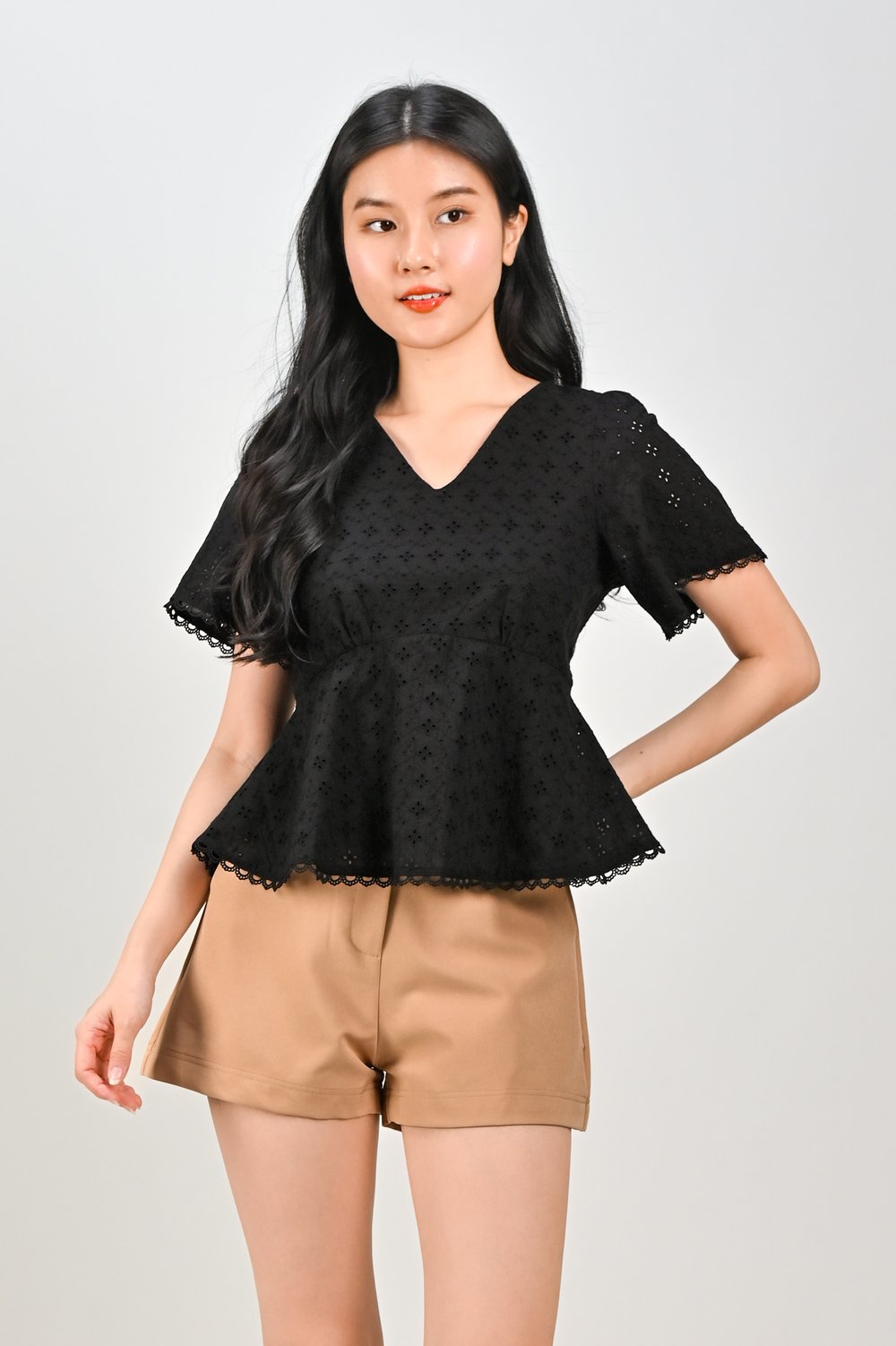 MADOKA BLACK EYELET PEPLUM TOP