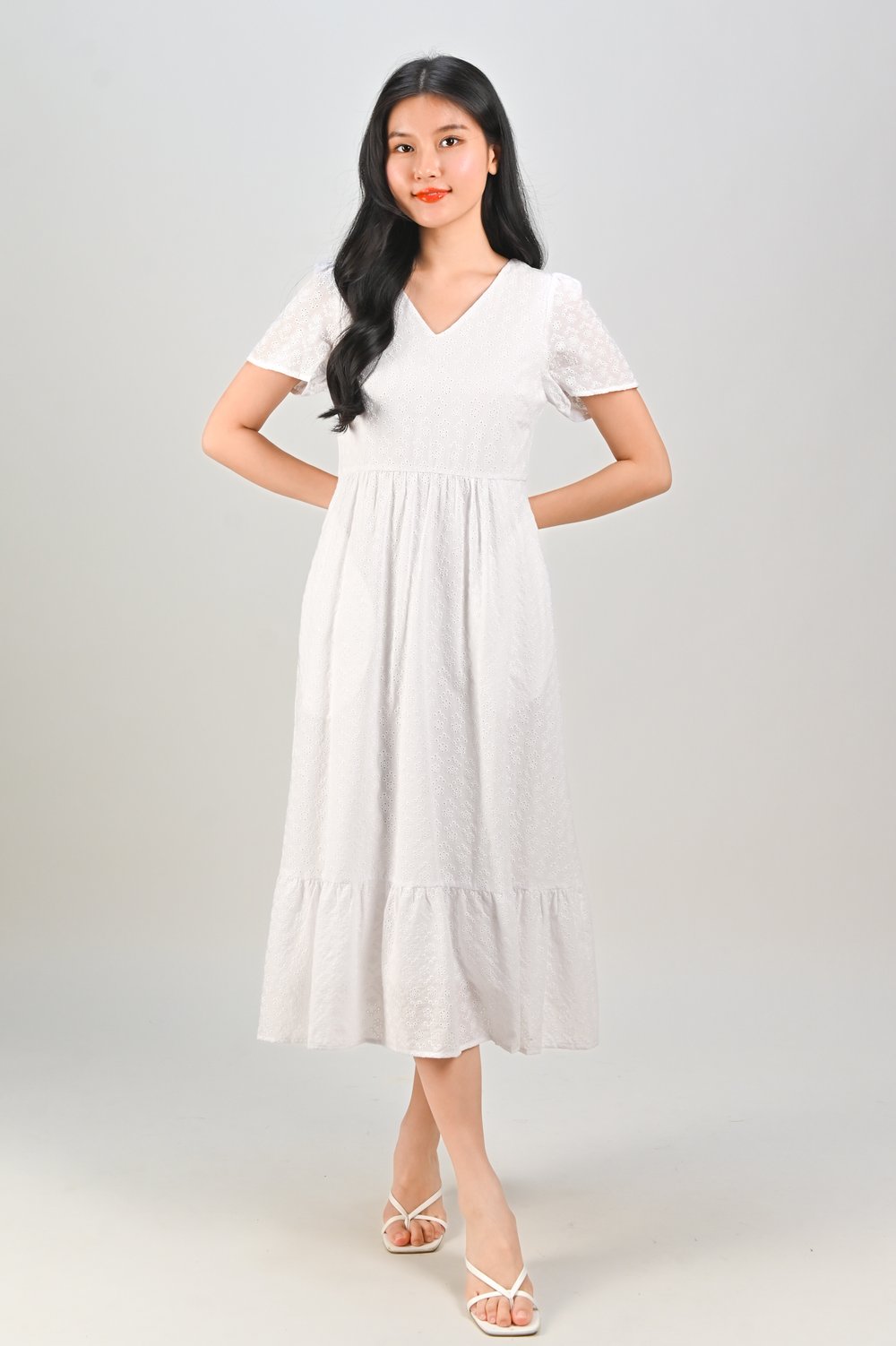 MIUCO EYELET SLEEVED TIERED DRESS IN WHITE MIUCO EYELET SLEEVED TIERED DRESS IN WHITE