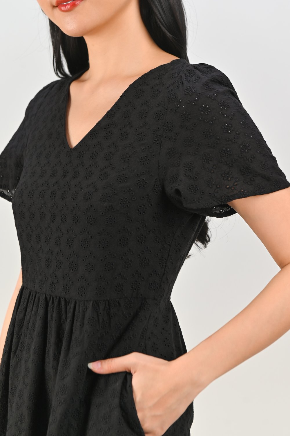 MIUCO EYELET SLEEVED TIERED DRESS IN BLACK