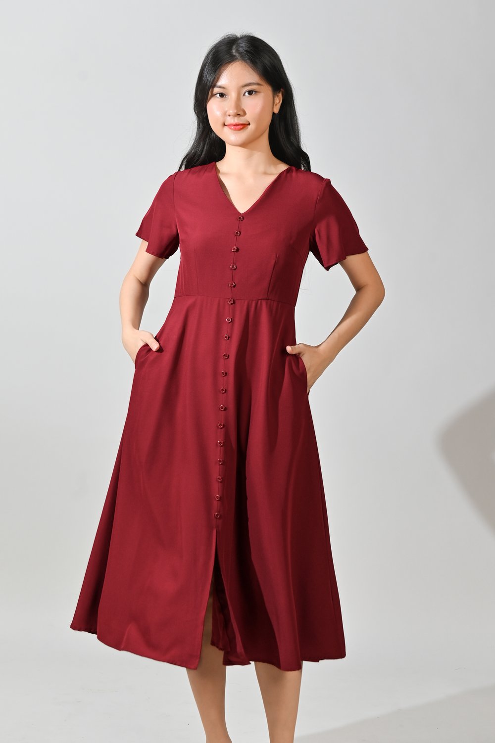 AYAME SLEEVED FLOWER-BUTTON MIDI DRESS IN RED AYAME SLEEVED FLOWER-BUTTON MIDI DRESS IN RED