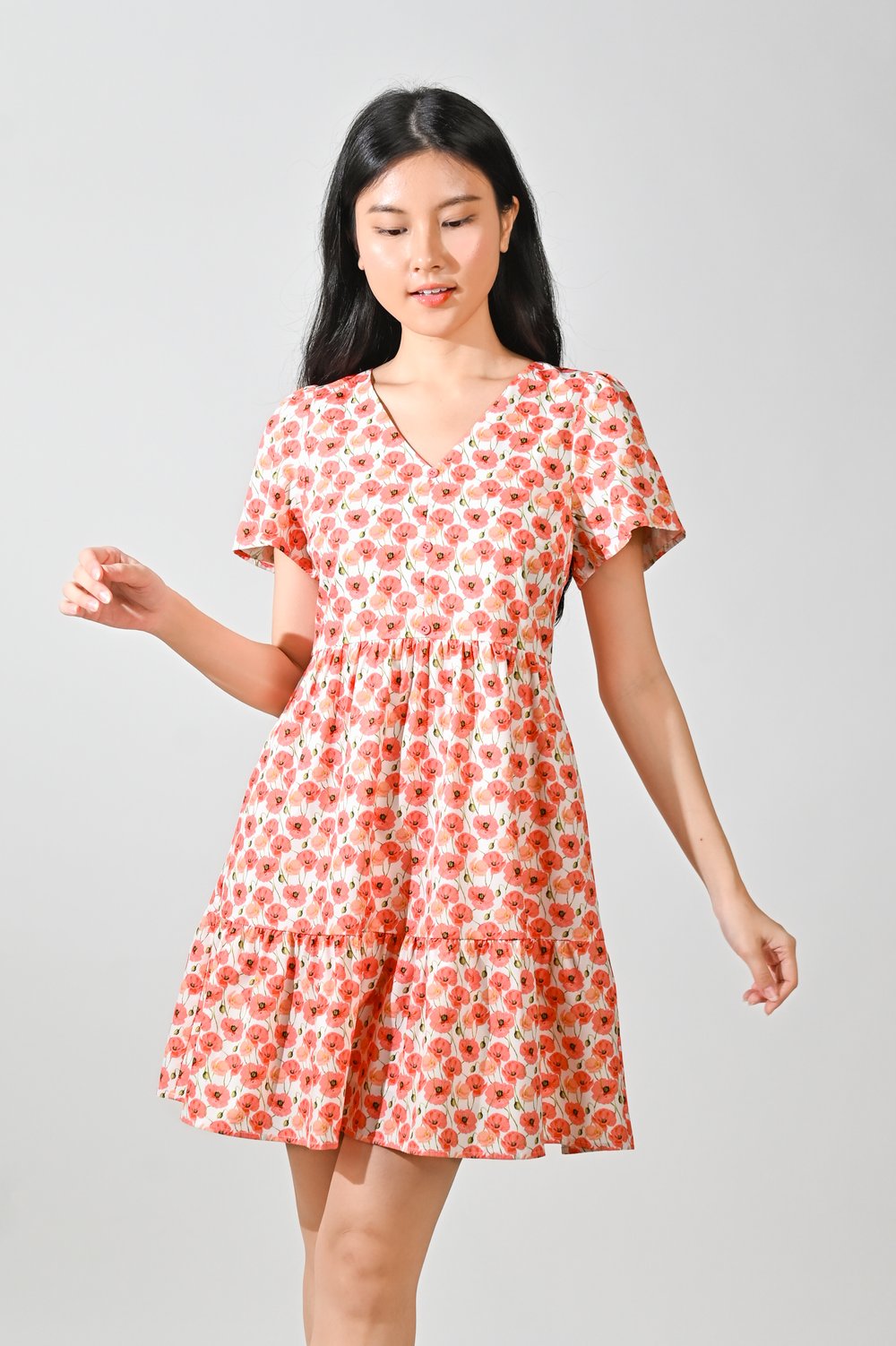 POPPY FIELDS BUTTON FLOUNCE DRESS