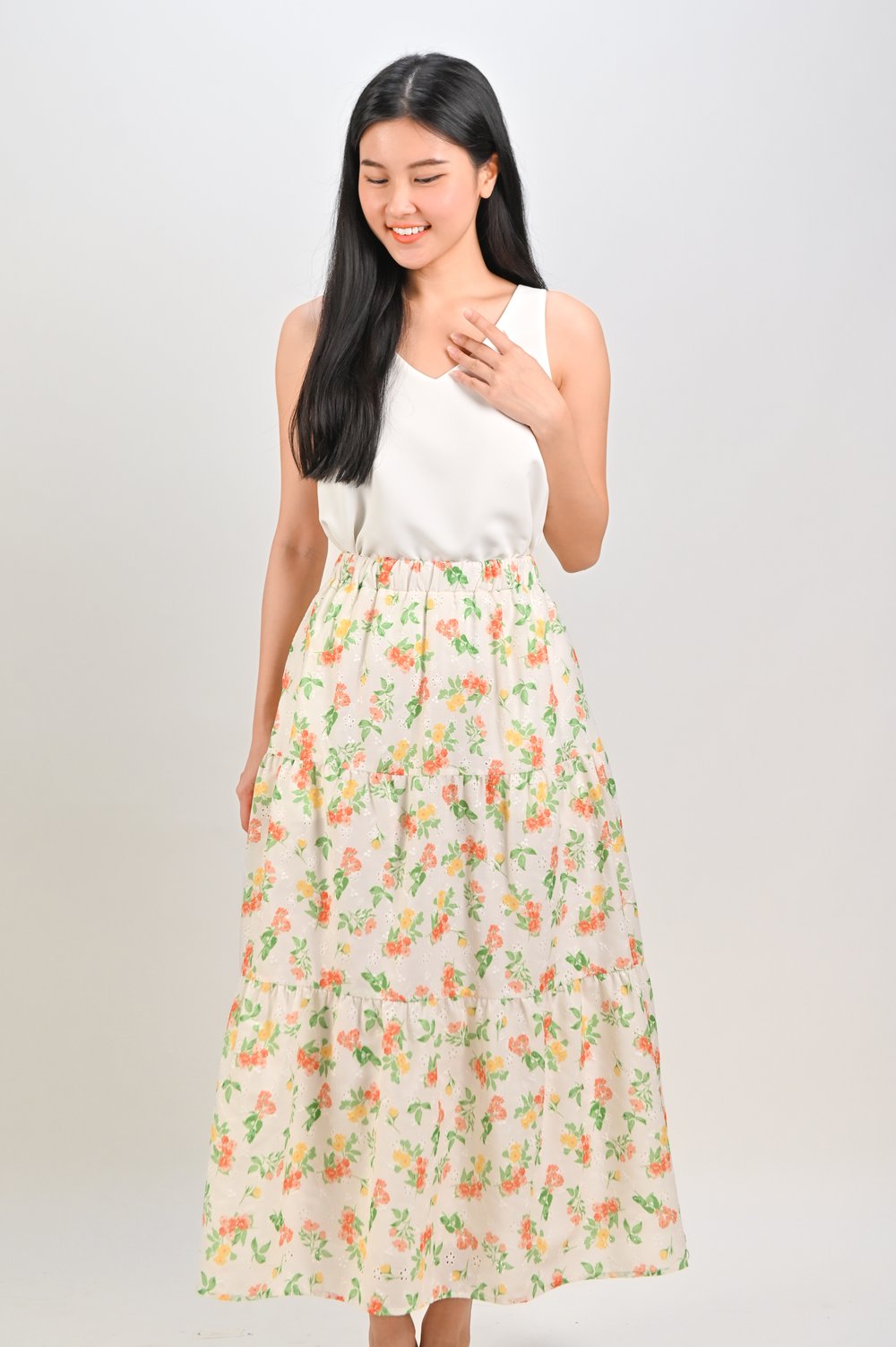 KAORU EYELET FLORAL TIERED MIDAXI SKIRT KAORU EYELET FLORAL TIERED MIDAXI SKIRT