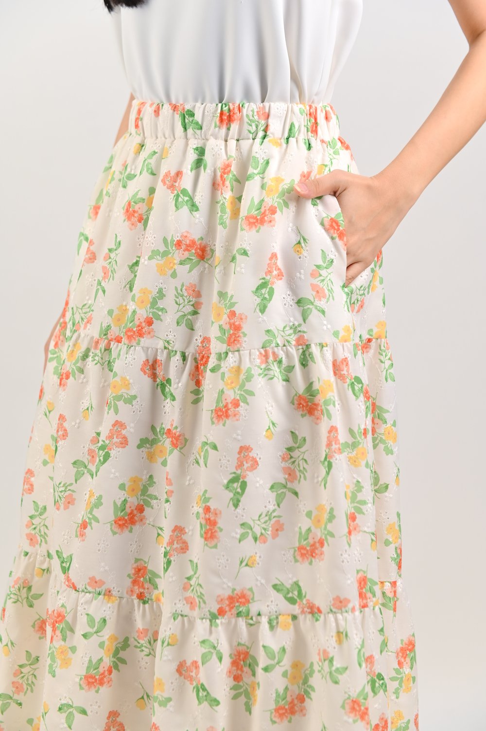 KAORU EYELET FLORAL TIERED MIDAXI SKIRT KAORU EYELET FLORAL TIERED MIDAXI SKIRT