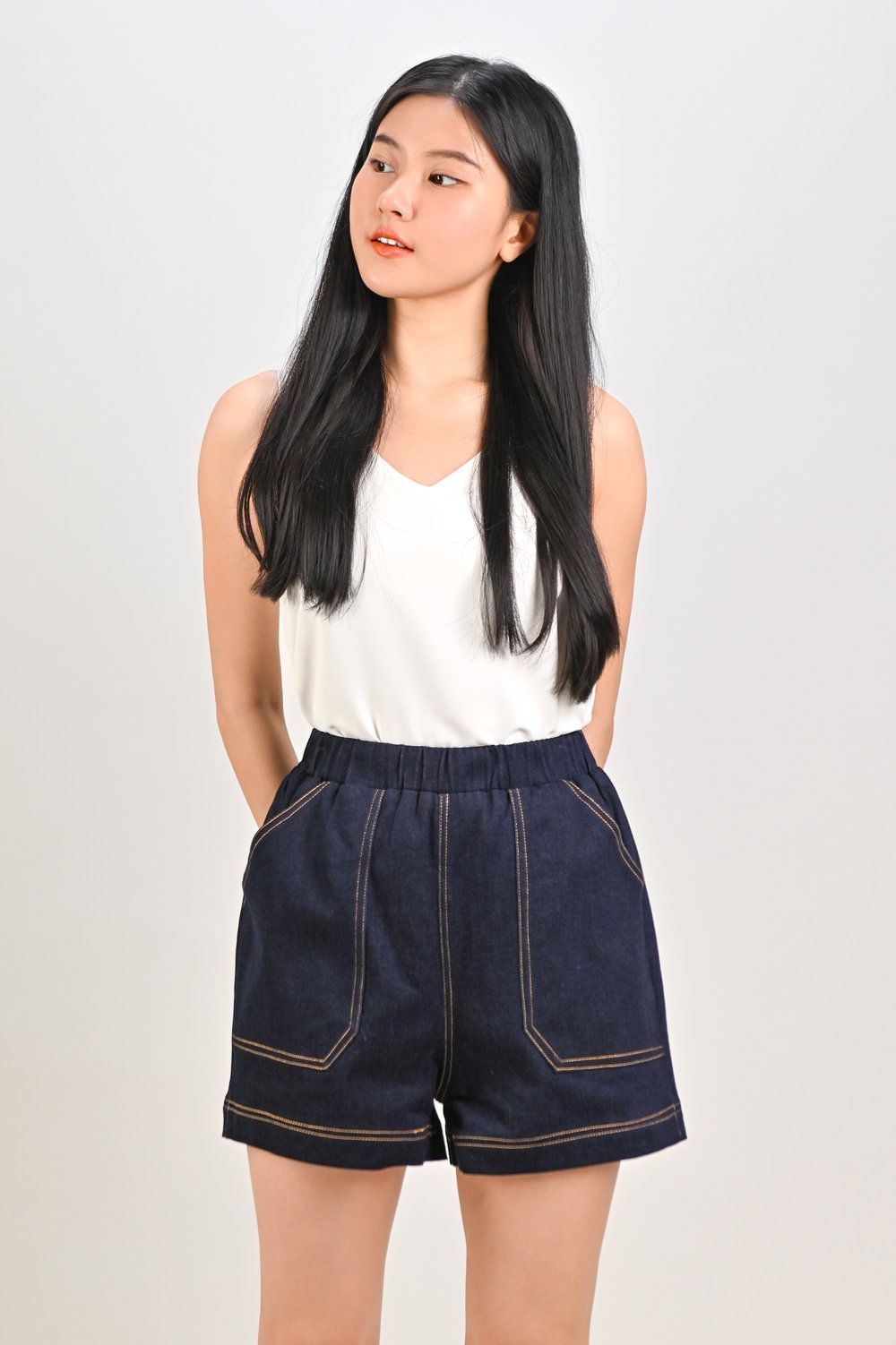 ZORANA ELASTIC-WAIST SHORTS IN DARK DENIM ZORANA ELASTIC-WAIST SHORTS IN DARK DENIM
