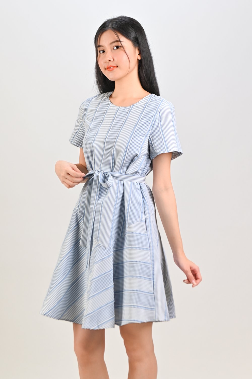 STRIPE-GINGHAM ROUND-NECK FLOUNCE DRESS IN BLUE STRIPE-GINGHAM ROUND-NECK FLOUNCE DRESS IN BLUE