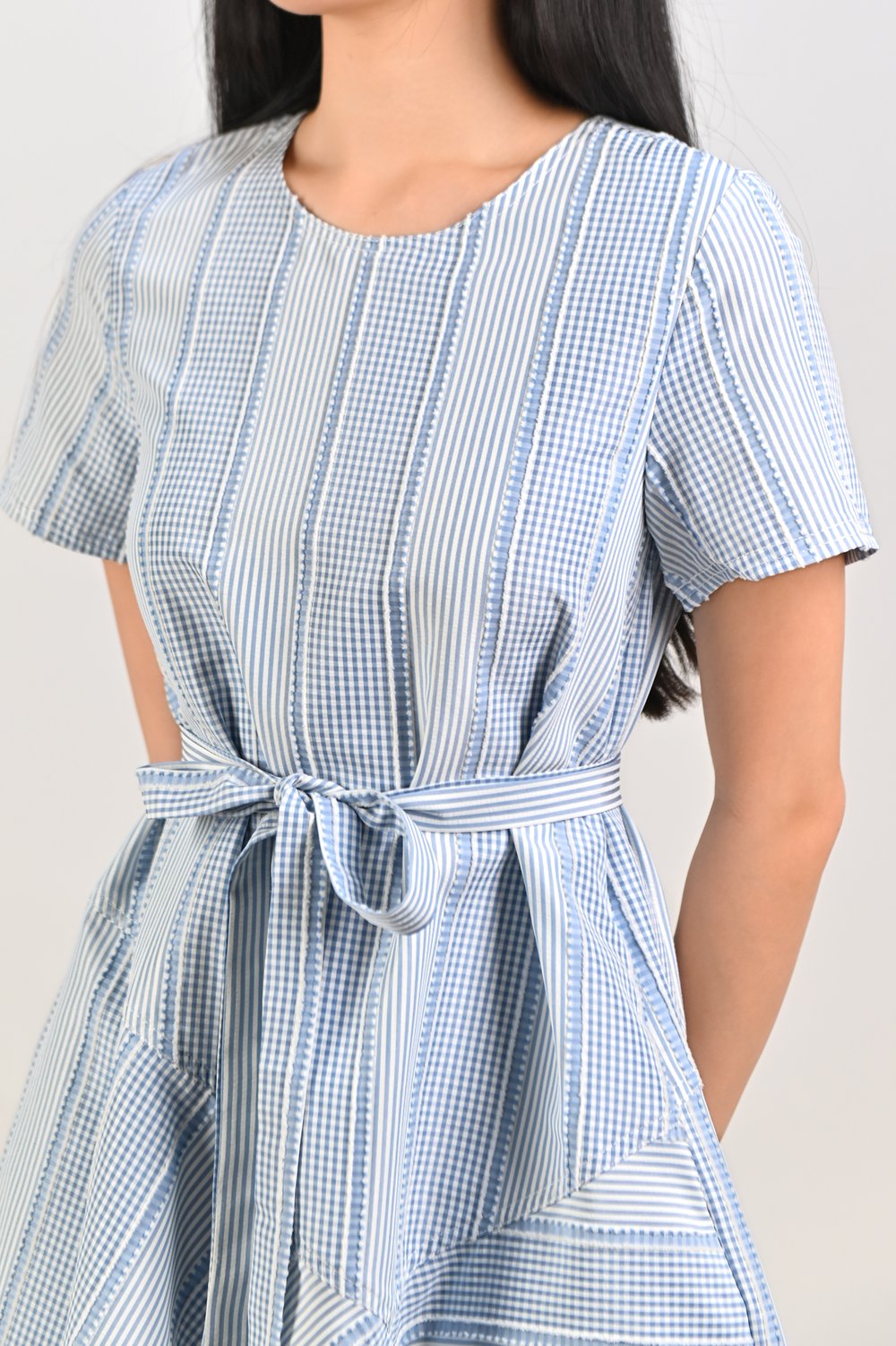 STRIPE-GINGHAM ROUND-NECK FLOUNCE DRESS IN BLUE STRIPE-GINGHAM ROUND-NECK FLOUNCE DRESS IN BLUE