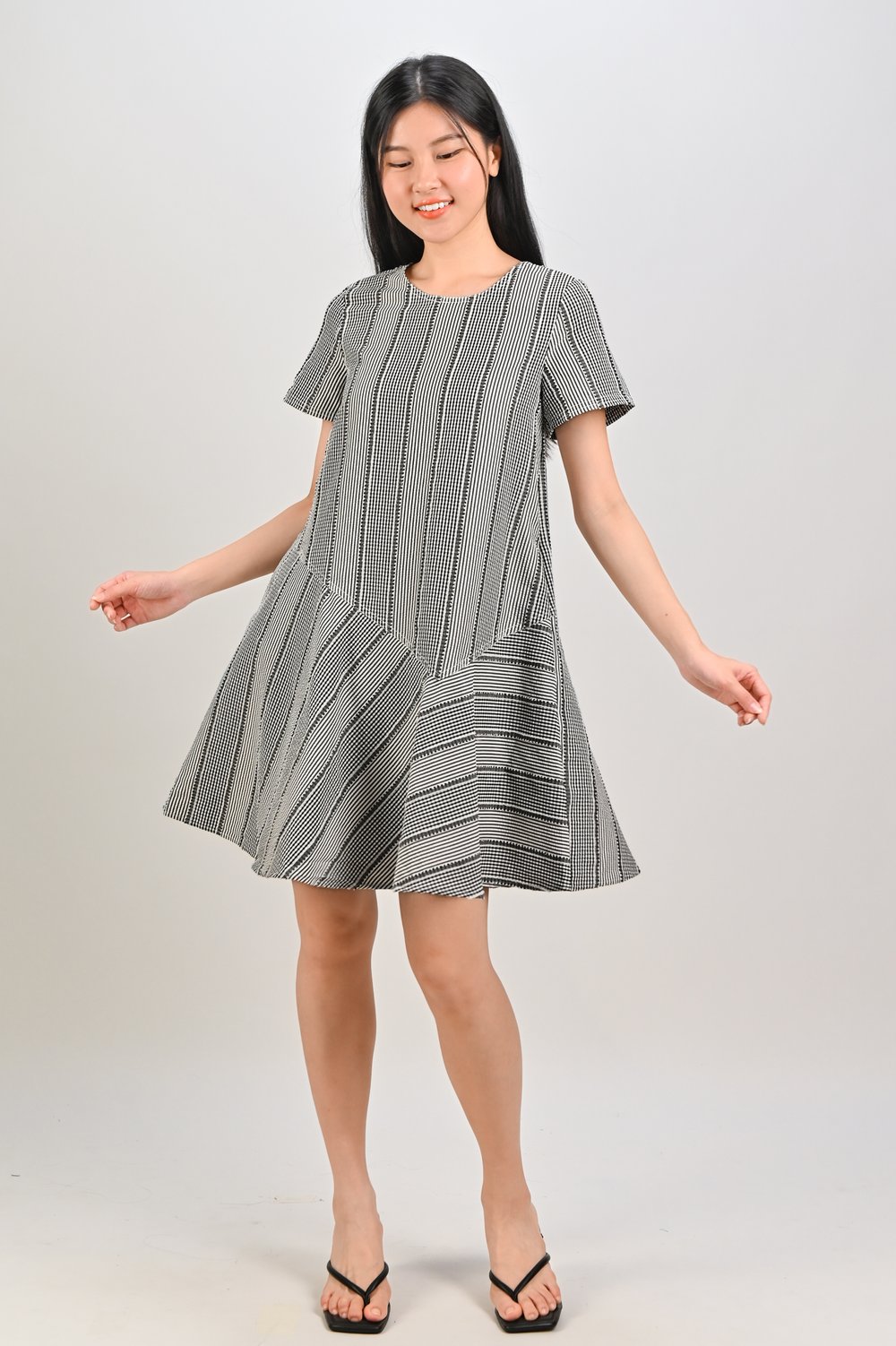 STRIPE-GINGHAM ROUND-NECK FLOUNCE DRESS IN BLACK