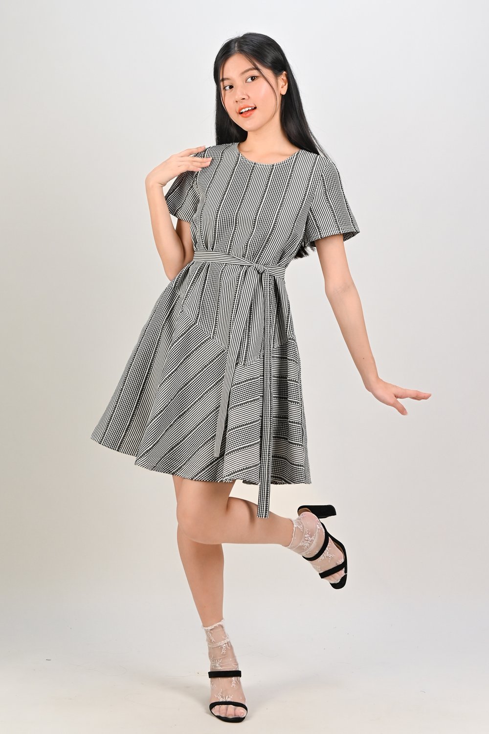 STRIPE-GINGHAM ROUND-NECK FLOUNCE DRESS IN BLACK
