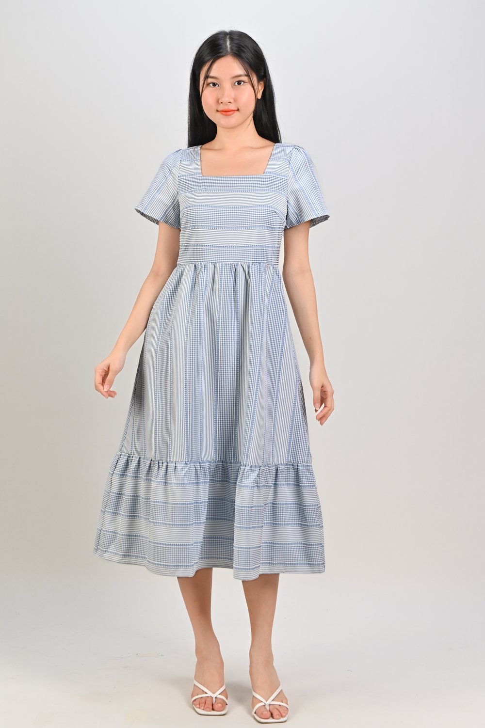 STRIPE-GINGHAM SQUARE-NECK MIDI DRESS IN BLUE