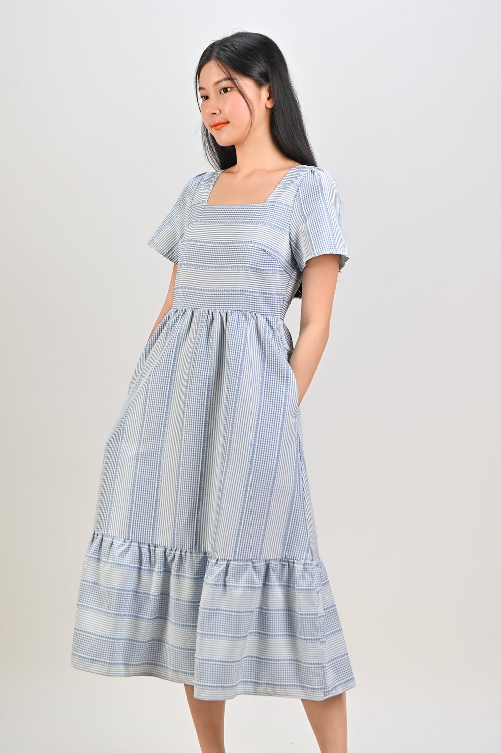 STRIPE-GINGHAM SQUARE-NECK MIDI DRESS IN BLUE