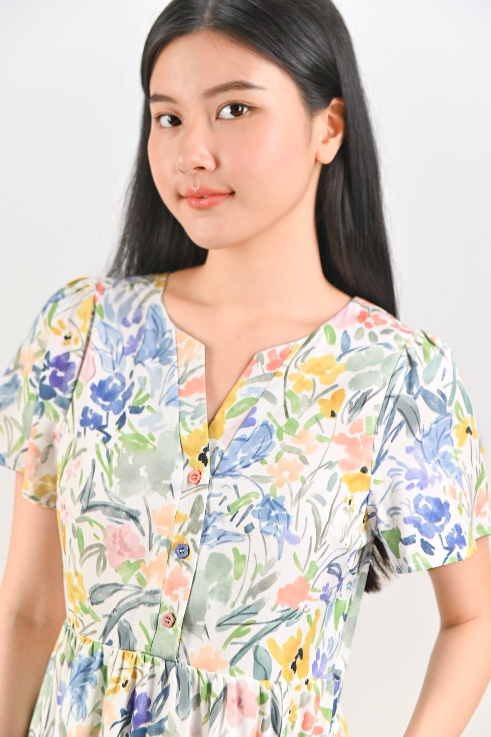 ISLIE WATERCOLOUR SLEEVED BUTTON MIDI DRESS