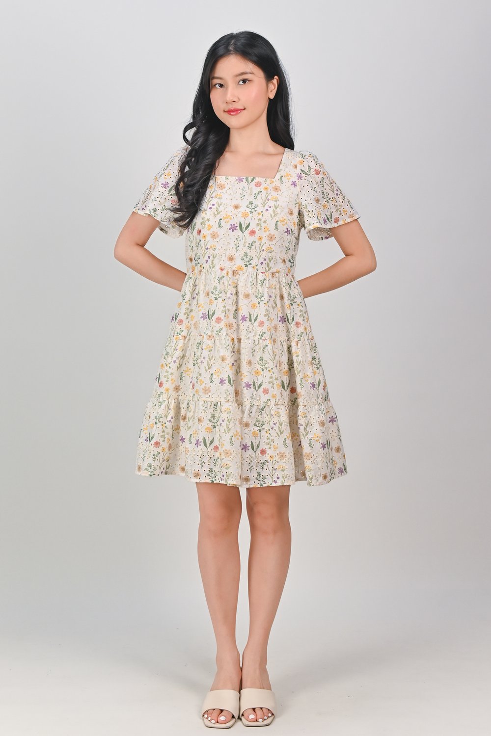 JENNY EYELET FLORAL SQUARE-NECK BABYDOLL DRESS JENNY EYELET FLORAL SQUARE-NECK BABYDOLL DRESS