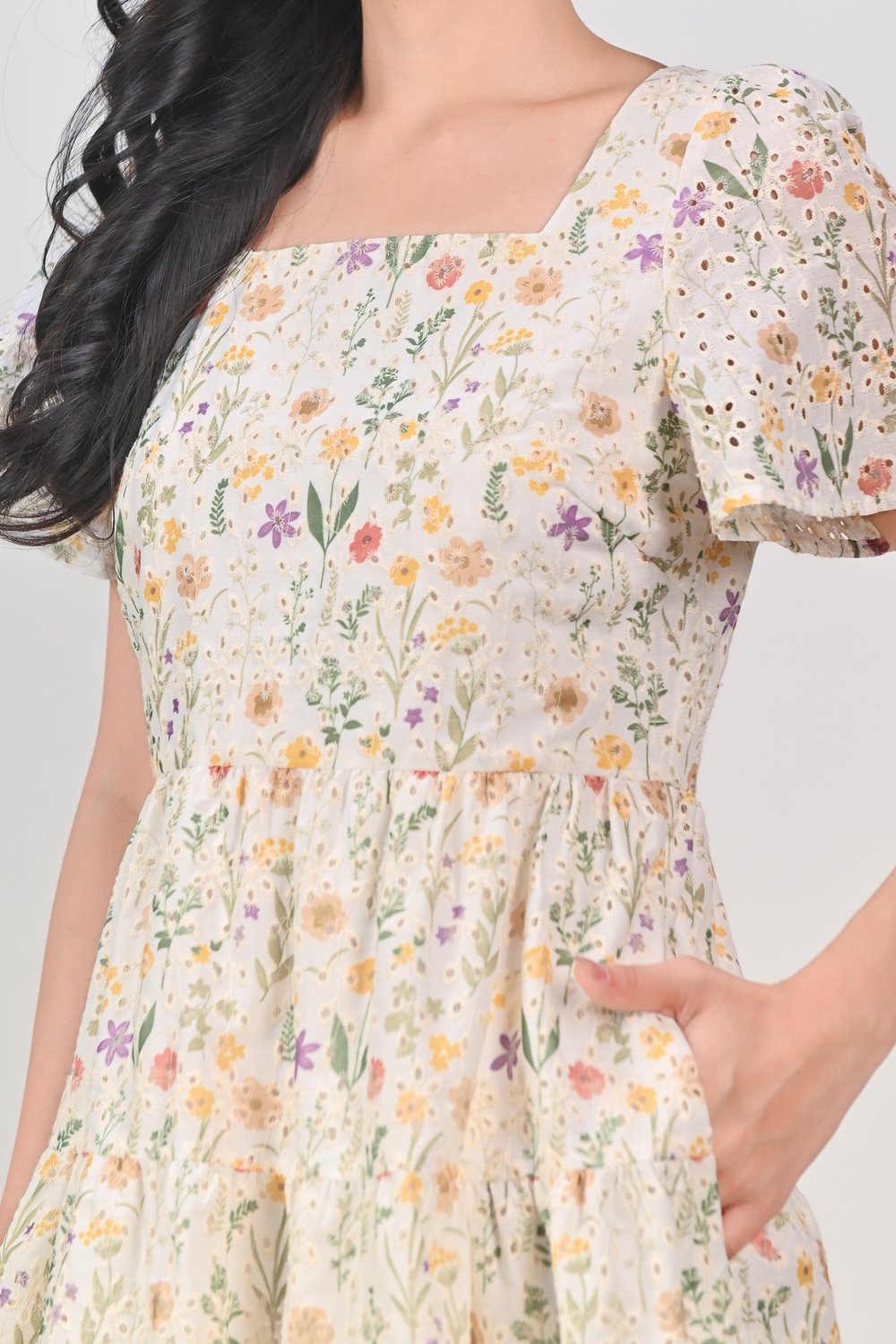 JENNY EYELET FLORAL SQUARE-NECK BABYDOLL DRESS JENNY EYELET FLORAL SQUARE-NECK BABYDOLL DRESS