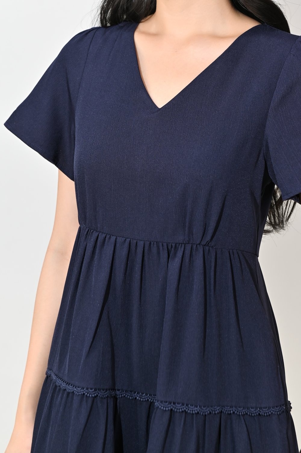 NAKO V-NECK SLEEVED TIERED DRESS IN NAVY