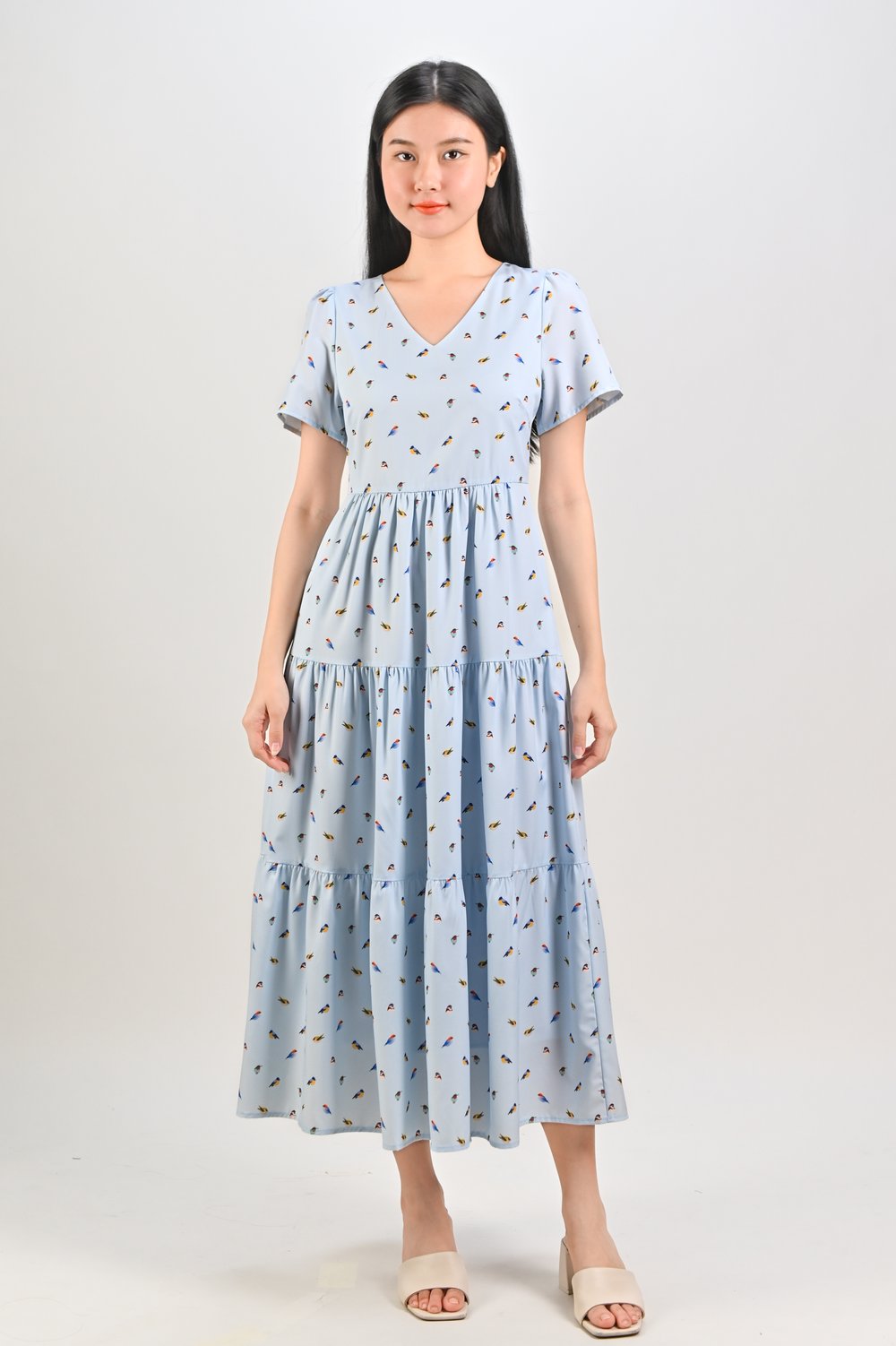 LITTLE WINGS V-NECK SLEEVED TIERED MIDAXI DRESS LITTLE WINGS V-NECK SLEEVED TIERED MIDAXI DRESS