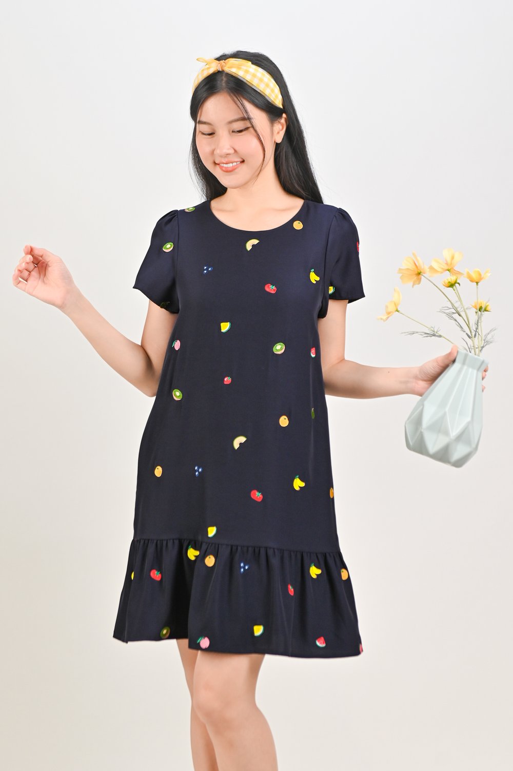 SUMMER HARVEST EMB. SLEEVED DROPWAIST DRESS IN NAVY