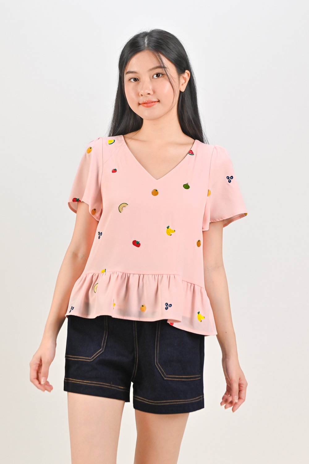 SUMMER HARVEST EMB. SLEEVED FLOUNCE TOP IN PINK