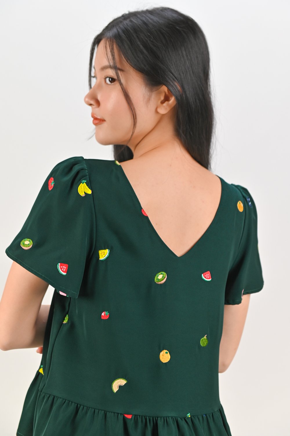 SUMMER HARVEST EMB. SLEEVED FLOUNCE TOP IN FOREST