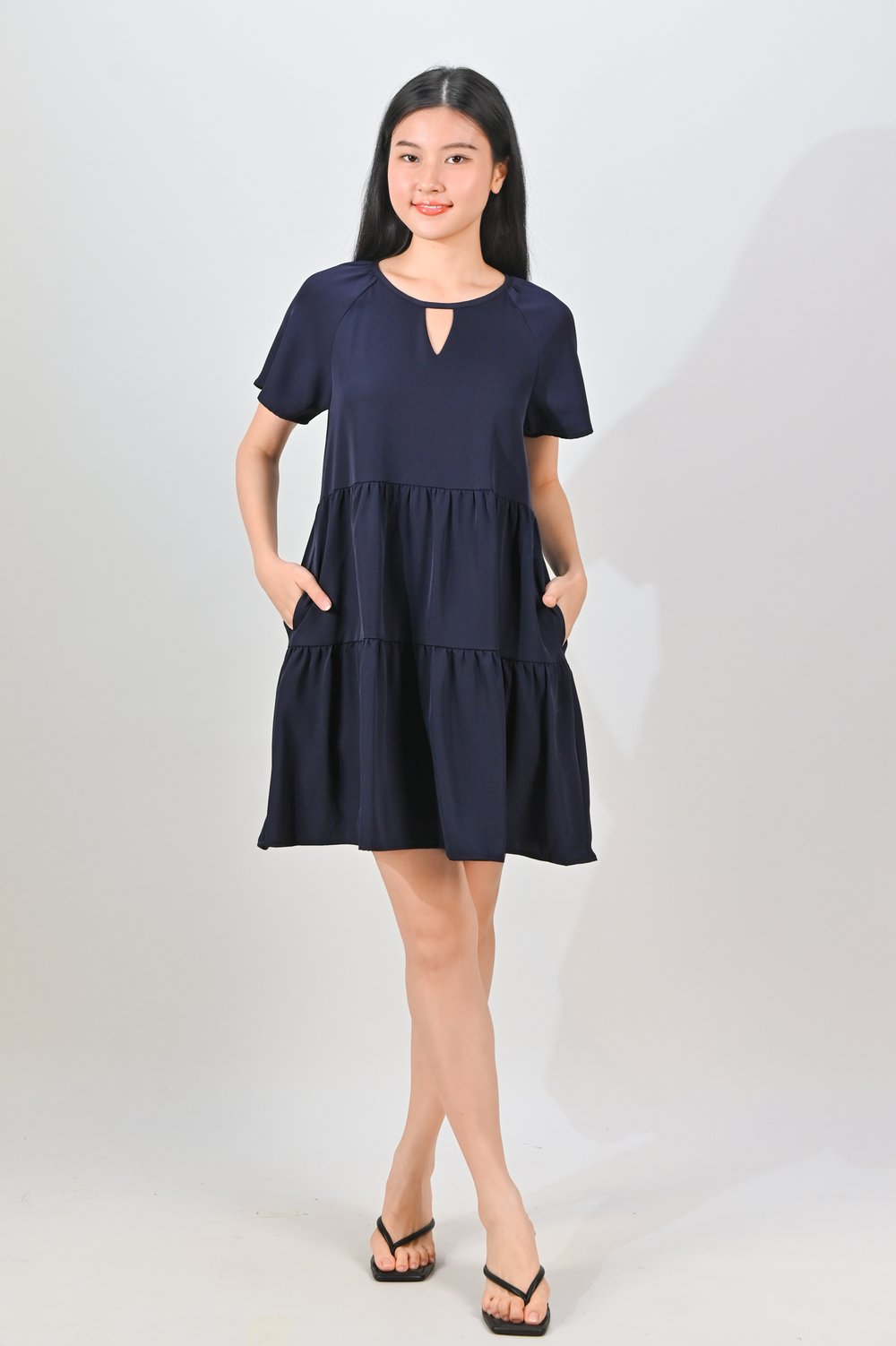 XORA CUT-OUT BABYDOLL DRESS IN NAVY XORA CUT-OUT BABYDOLL DRESS IN NAVY