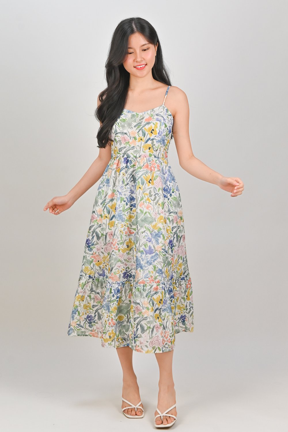 RAISA EYELET WATERCOLOUR FLORAL SPAG DRESS