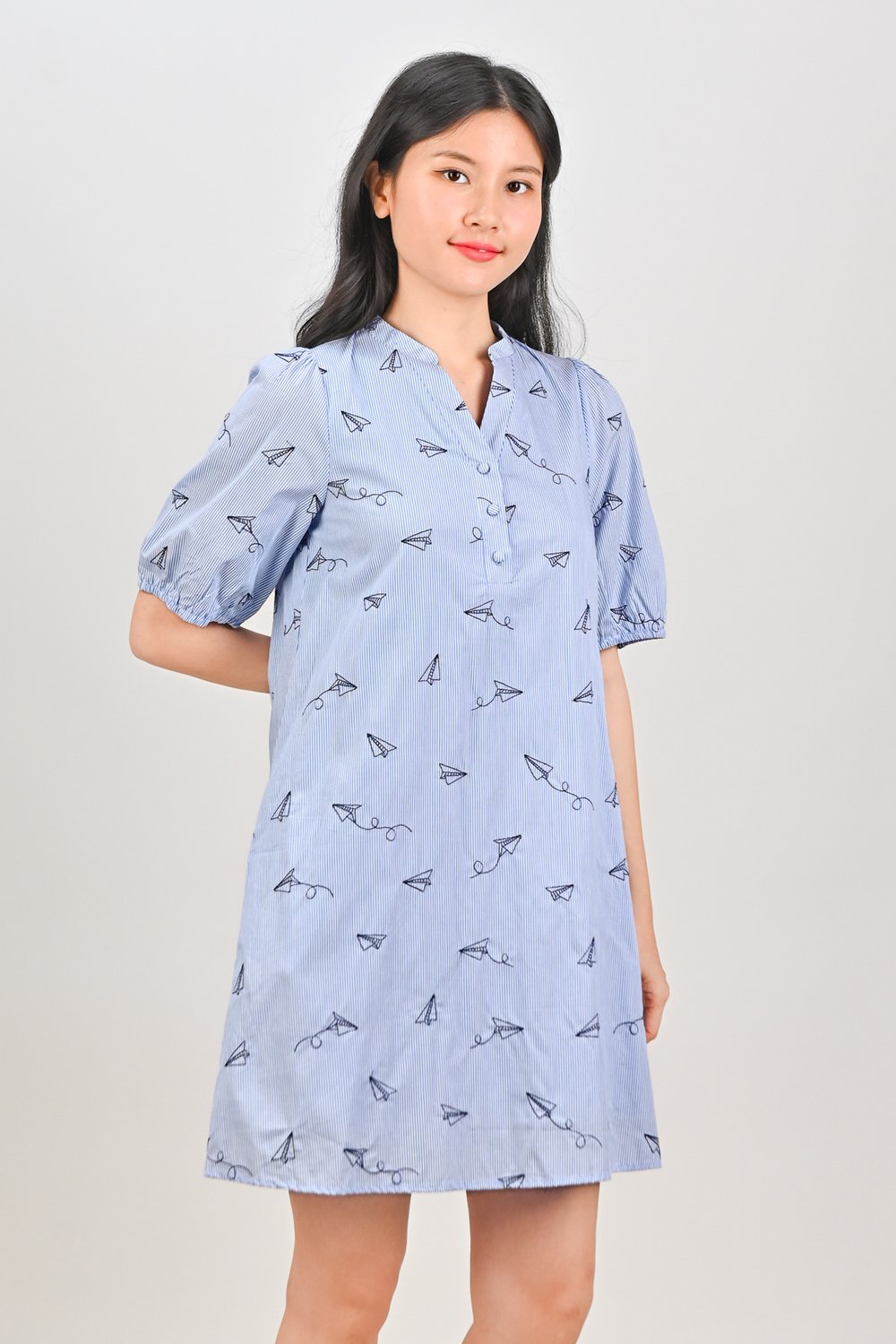 PAPER PLANE ON STRIPES SLEEVED SHIRT-DRESS