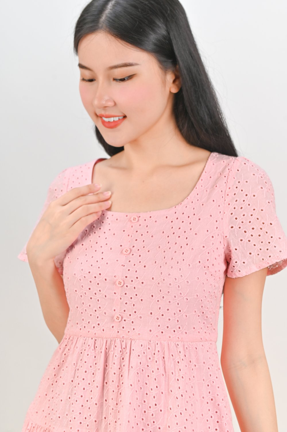 BAMBI EYELET SCOOP-NECK BABYDOLL DRESS IN PINK