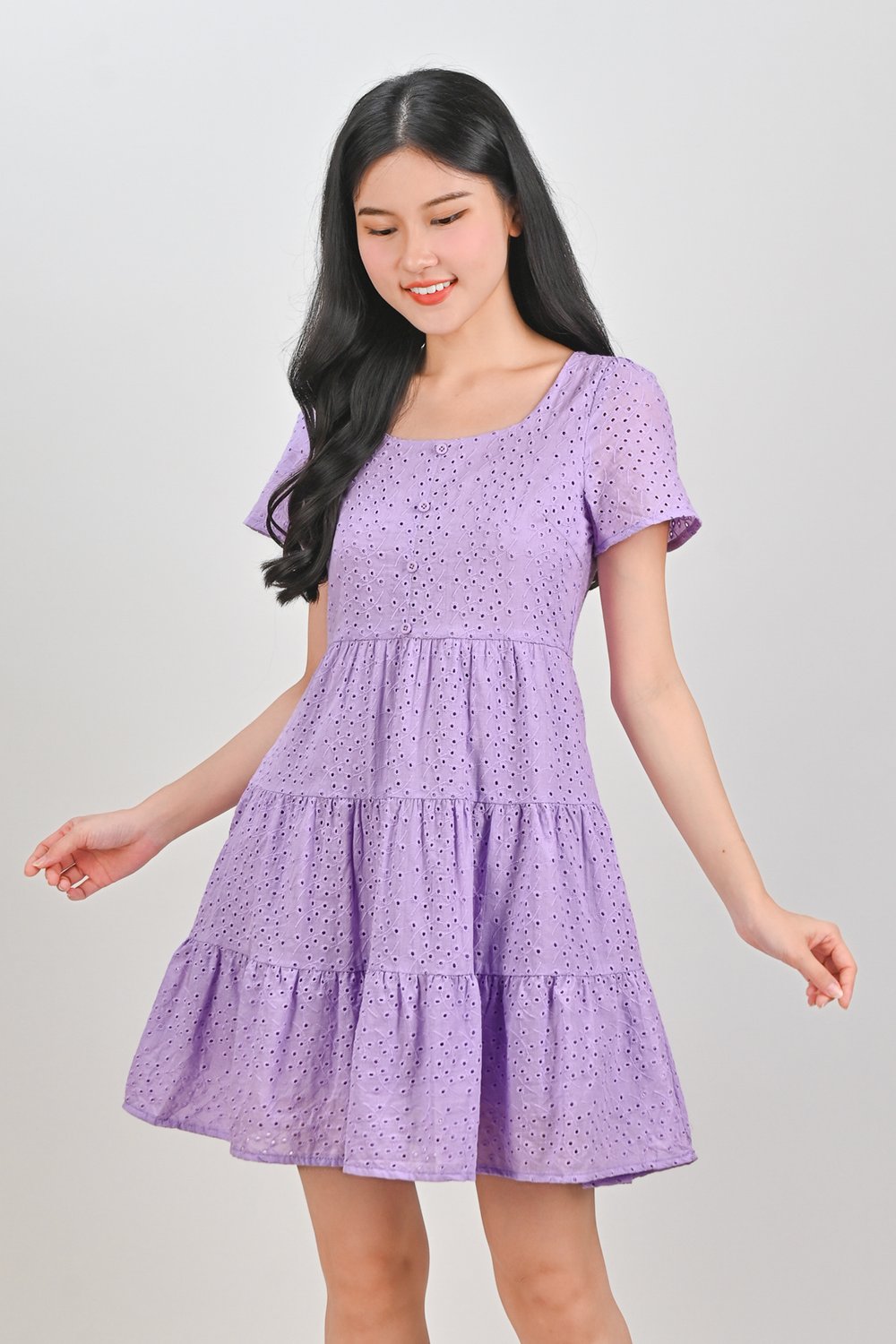 BAMBI EYELET SCOOP-NECK BABYDOLL DRESS IN LILAC BAMBI EYELET SCOOP-NECK BABYDOLL DRESS IN LILAC
