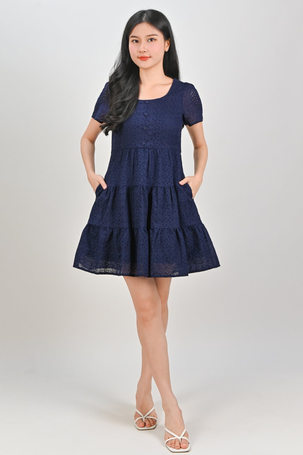 BAMBI EYELET SCOOP-NECK BABYDOLL DRESS IN NAVY BAMBI EYELET SCOOP-NECK BABYDOLL DRESS IN NAVY