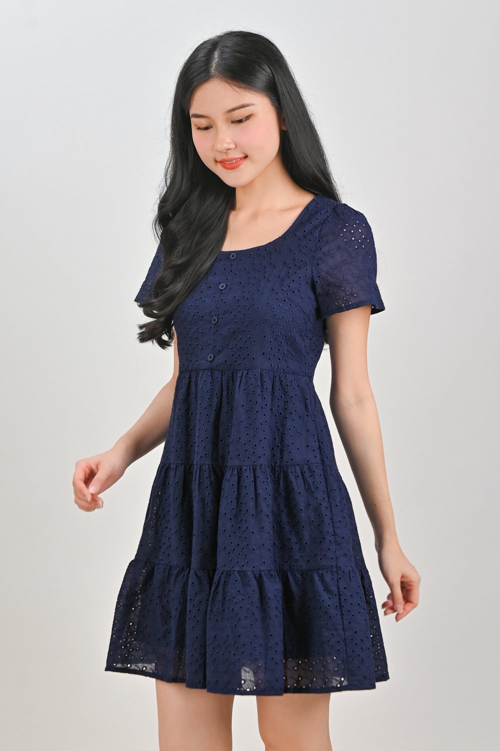 BAMBI EYELET SCOOP-NECK BABYDOLL DRESS IN NAVY BAMBI EYELET SCOOP-NECK BABYDOLL DRESS IN NAVY