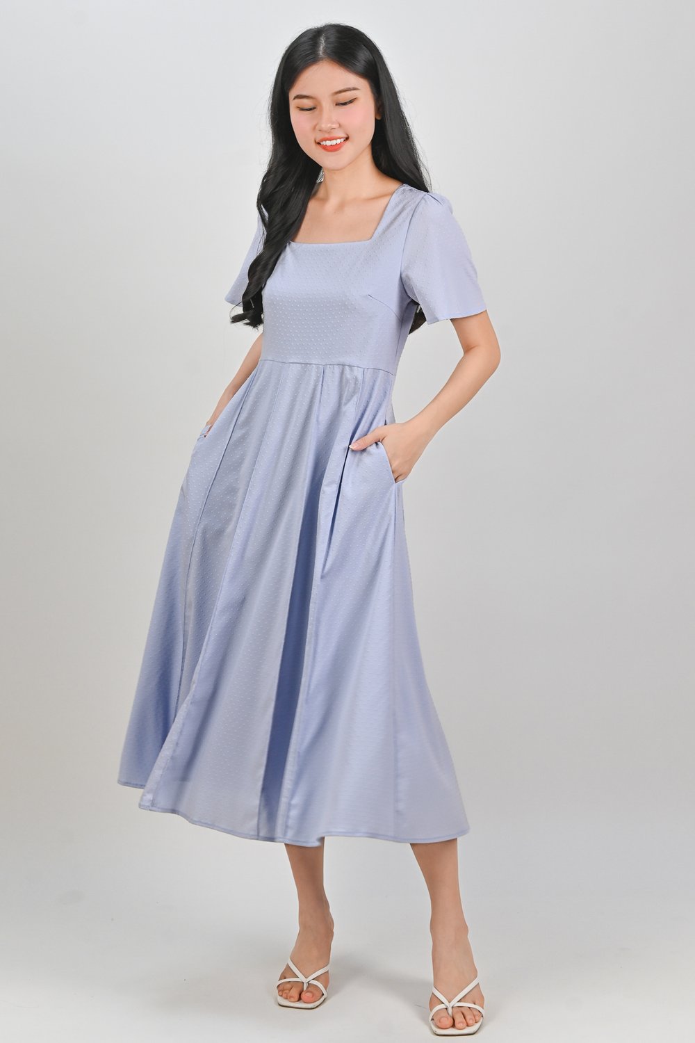 ELIRA DOTTY SQUARE-NECK SLEEVED DRESS IN PERI-BLUE