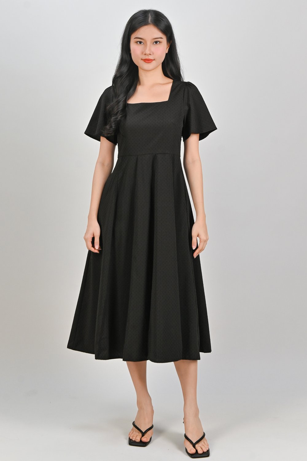 ELIRA DOTTY SQUARE-NECK SLEEVED DRESS IN BLACK ELIRA DOTTY SQUARE-NECK SLEEVED DRESS IN BLACK