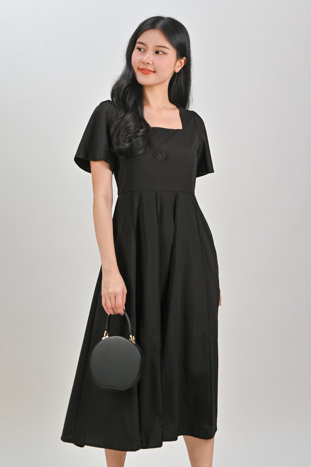 ELIRA DOTTY SQUARE-NECK SLEEVED DRESS IN BLACK ELIRA DOTTY SQUARE-NECK SLEEVED DRESS IN BLACK