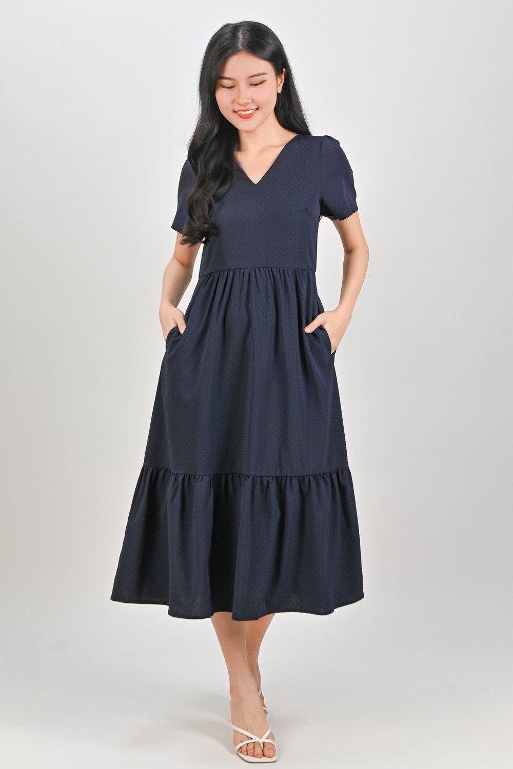 SYBELLE DOTTY V-NECK SLEEVED DRESS IN NAVY