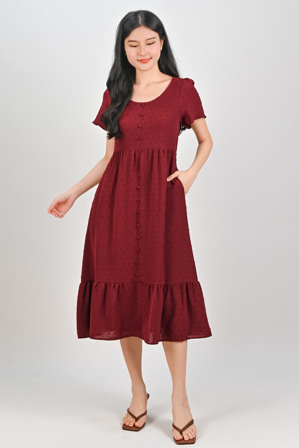 EVIENNE DOTTY SCOOP-NECK SLEEVED DRESS IN RED EVIENNE DOTTY SCOOP-NECK SLEEVED DRESS IN RED