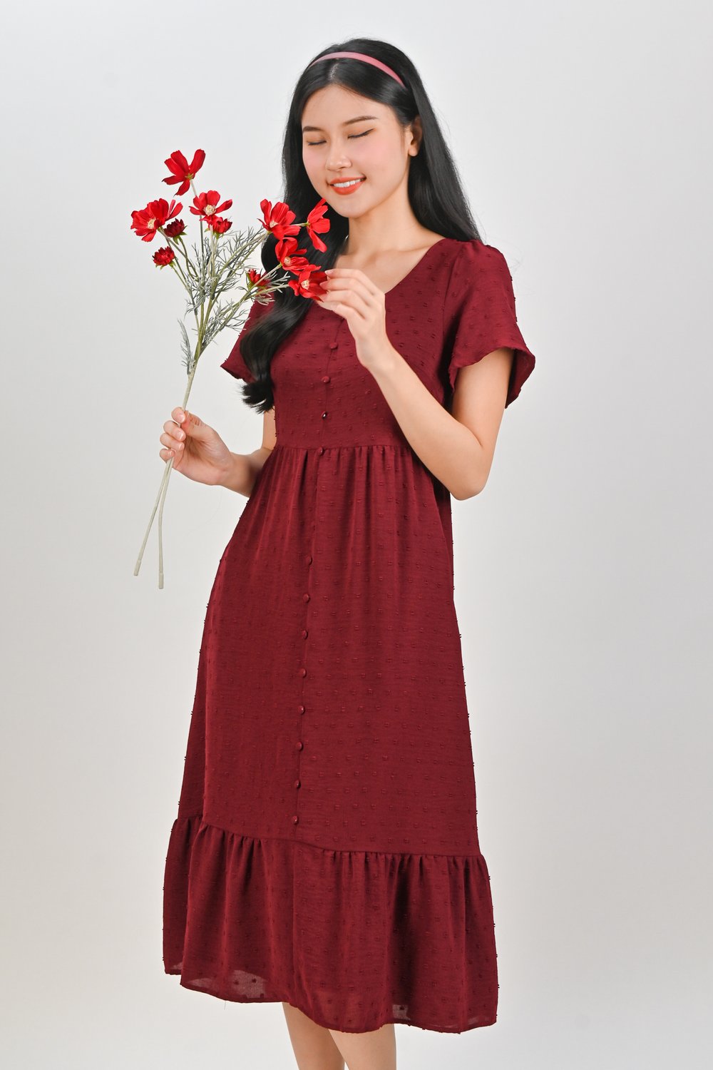 EVIENNE DOTTY SCOOP-NECK SLEEVED DRESS IN RED EVIENNE DOTTY SCOOP-NECK SLEEVED DRESS IN RED
