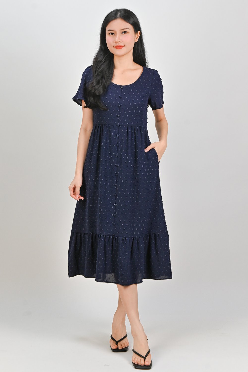 EVIENNE DOTTY SCOOP-NECK SLEEVED DRESS IN NAVY
