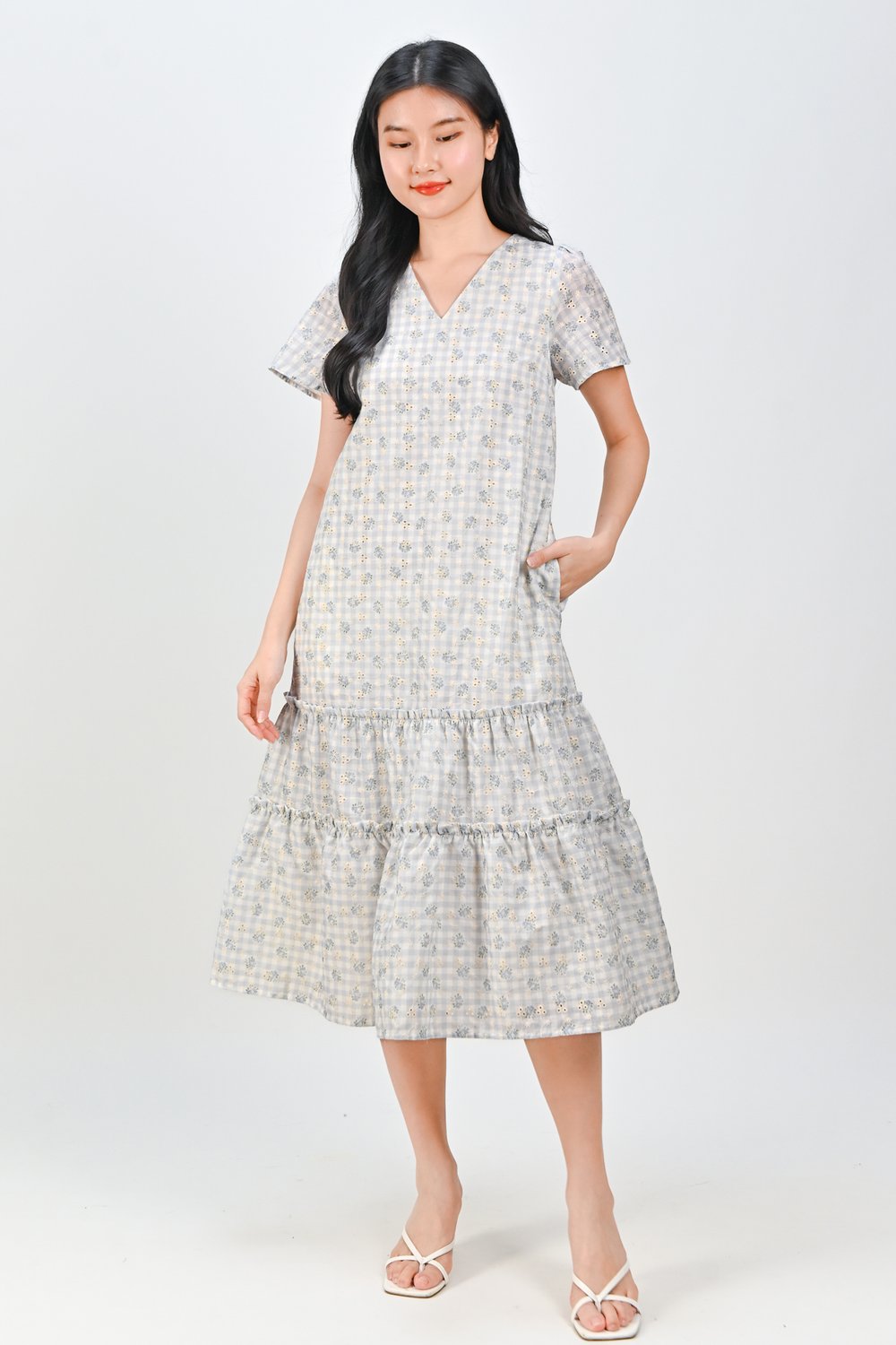 AKEMI GINGHAM EYELET FLORAL SLEEVED TIERED DRESS AKEMI GINGHAM EYELET FLORAL SLEEVED TIERED DRESS