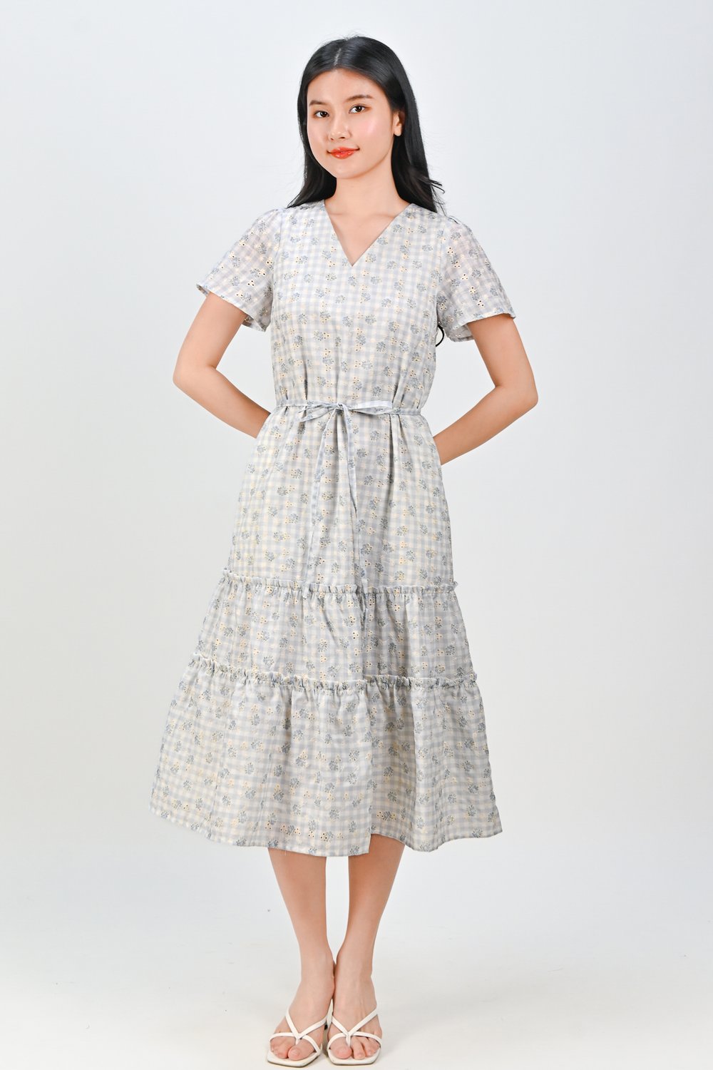 AKEMI GINGHAM EYELET FLORAL SLEEVED TIERED DRESS AKEMI GINGHAM EYELET FLORAL SLEEVED TIERED DRESS
