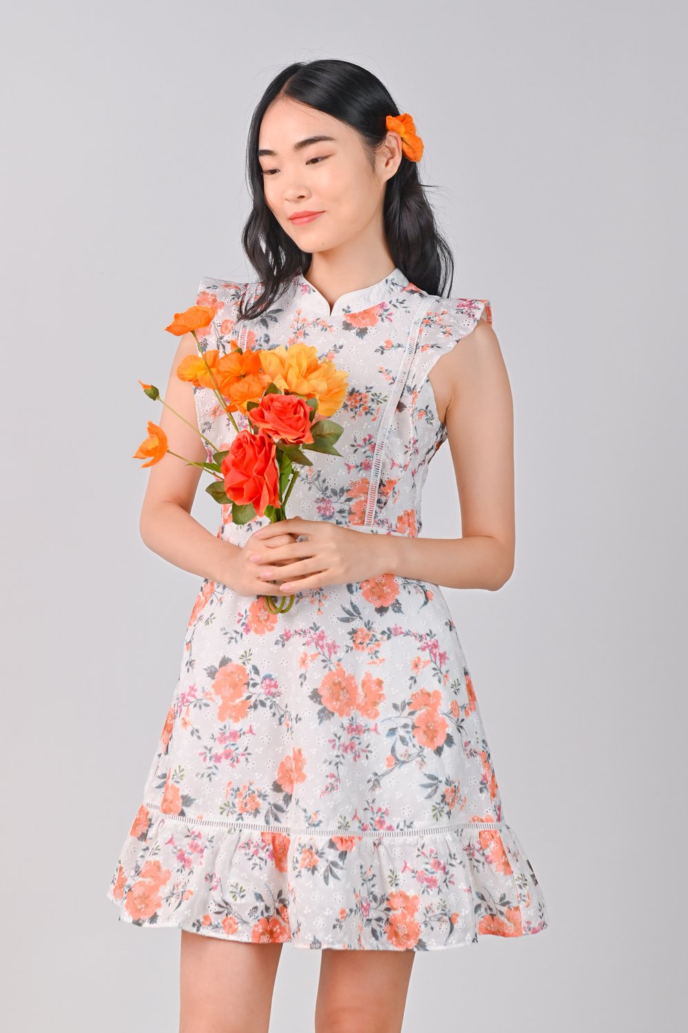LELE LATTICE CHEONGSAM IN ORANGE FLORAL