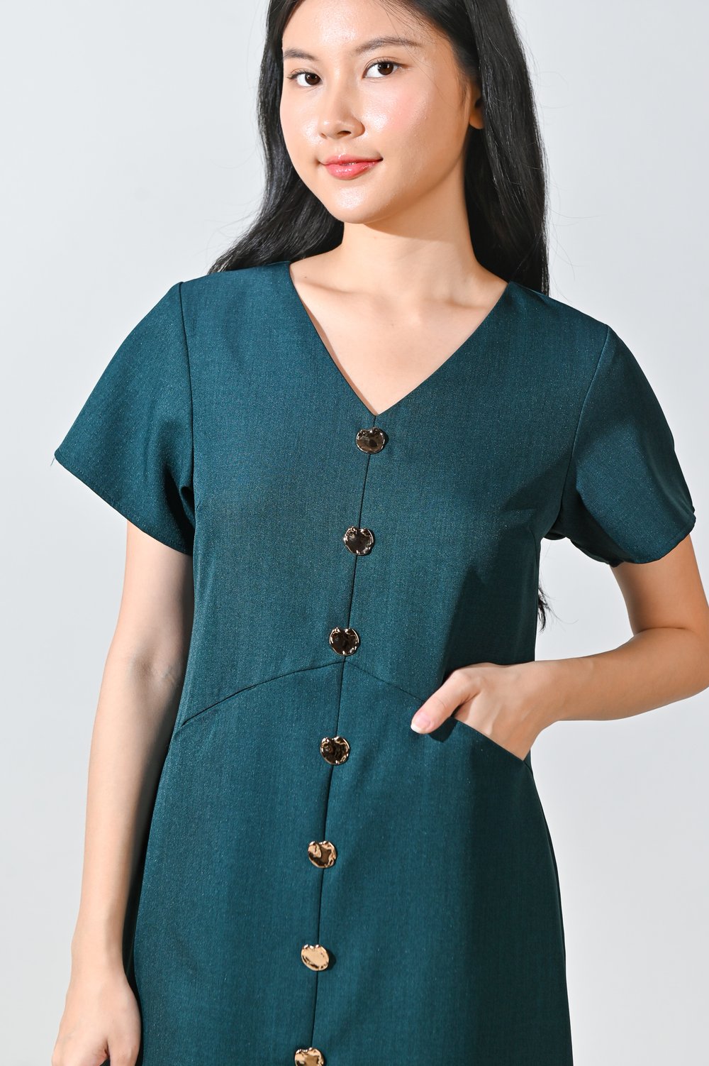 TILLY GOLD-BUTTON DRESS IN FOREST