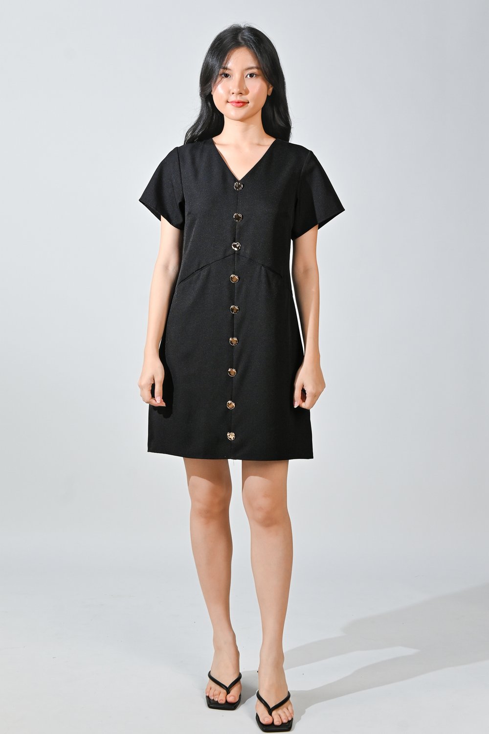 TILLY GOLD-BUTTON DRESS IN BLACK TILLY GOLD-BUTTON DRESS IN BLACK