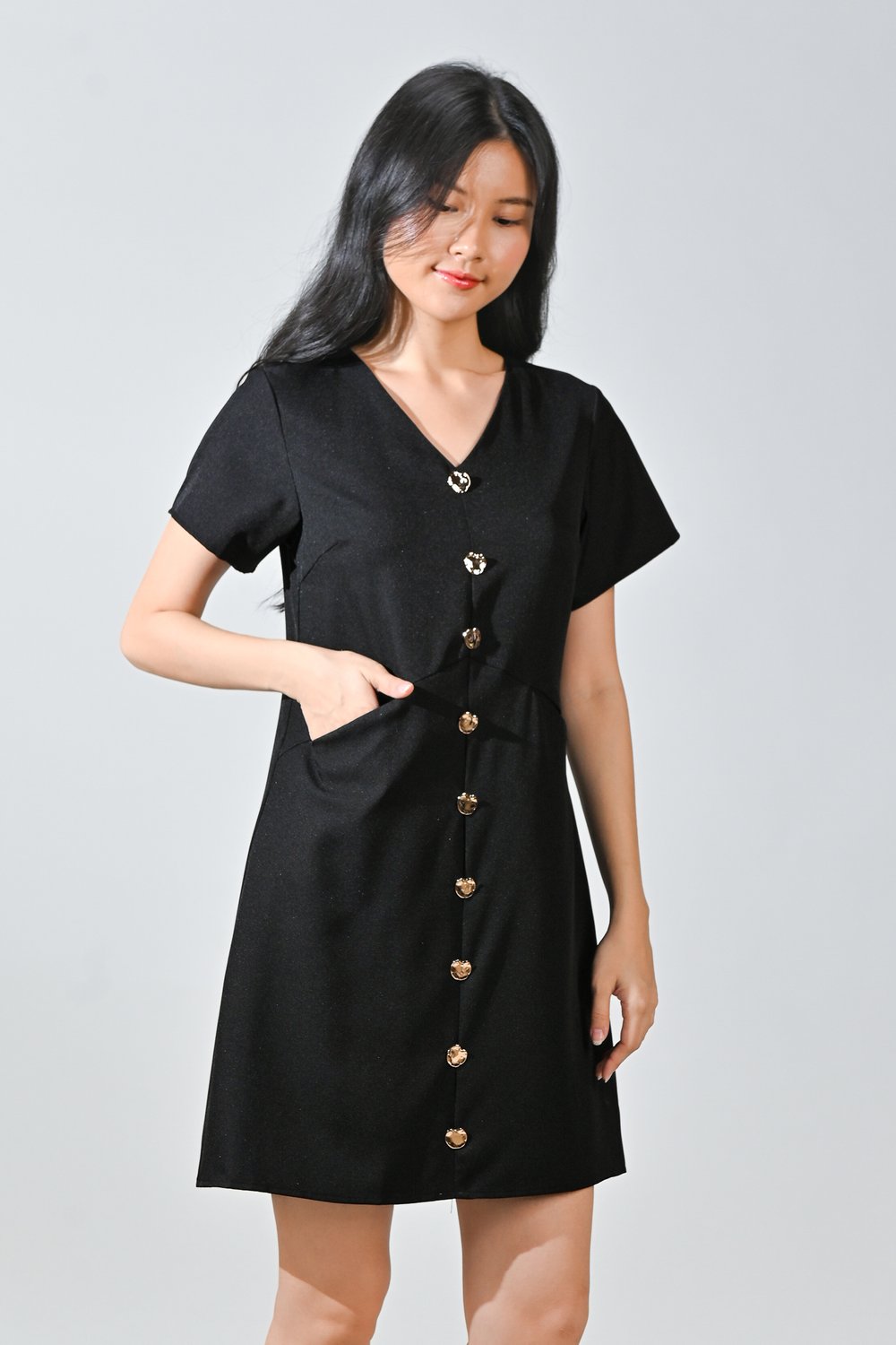 TILLY GOLD-BUTTON DRESS IN BLACK TILLY GOLD-BUTTON DRESS IN BLACK