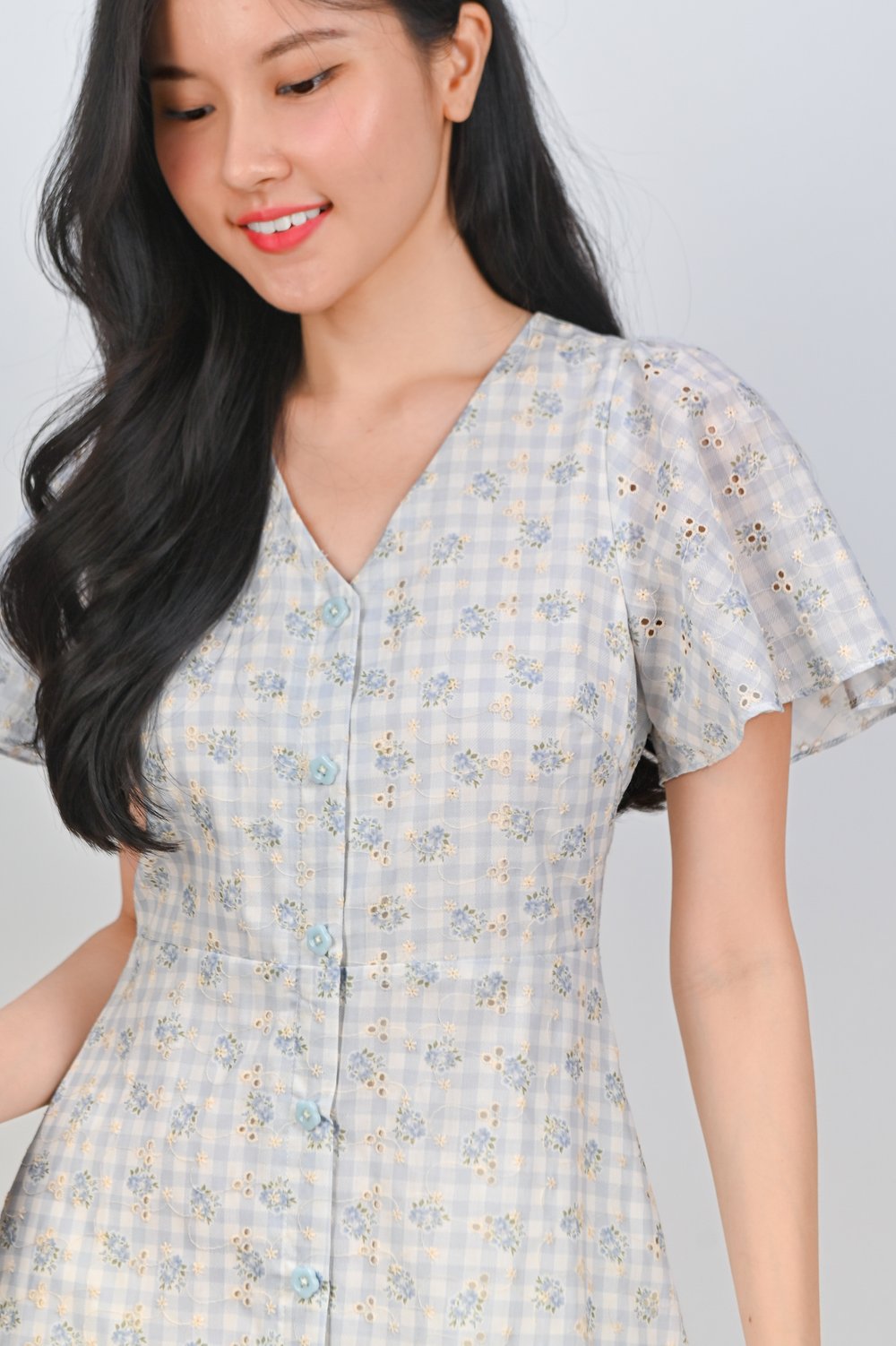 TULLIA GINGHAM EYELET SLEEVED BUTTON DRESS