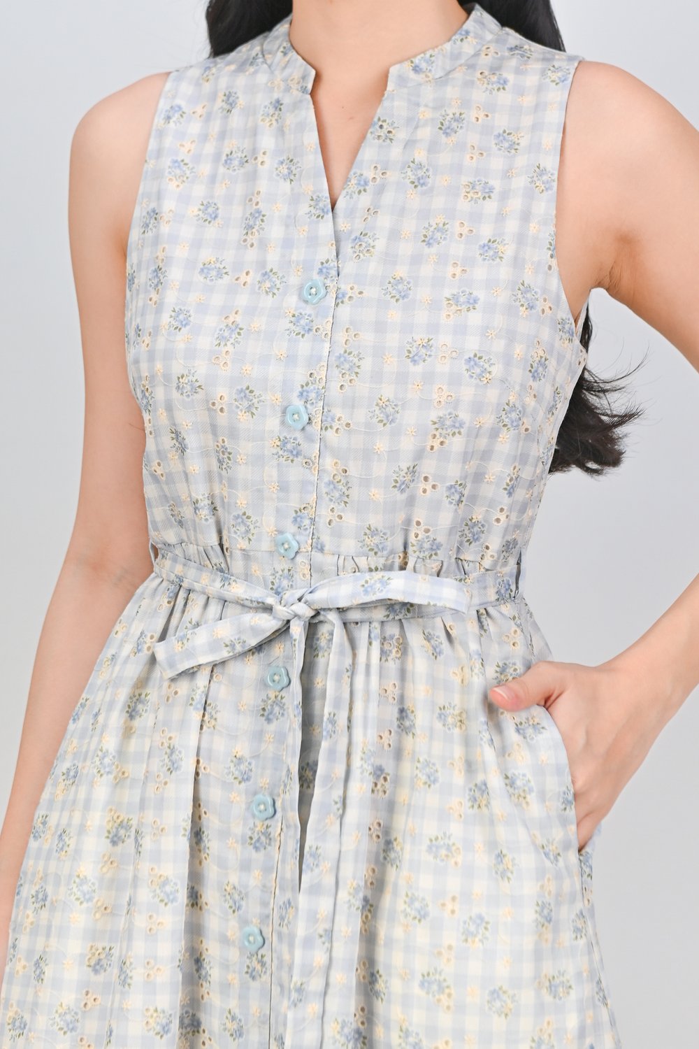 MAELIE GINGHAM EYELET SLEEVELESS SHIRT-DRESS MAELIE GINGHAM EYELET SLEEVELESS SHIRT-DRESS