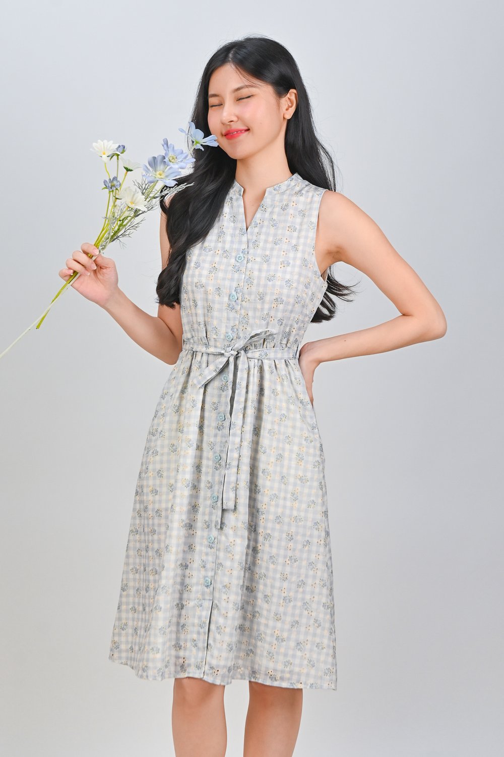 MAELIE GINGHAM EYELET SLEEVELESS SHIRT-DRESS MAELIE GINGHAM EYELET SLEEVELESS SHIRT-DRESS