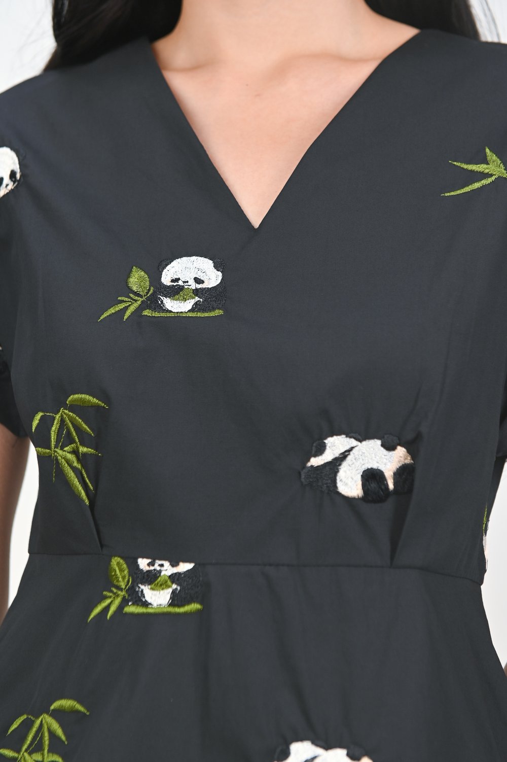 PANDA MANIA BLACK V-NECK SLEEVED DRESS